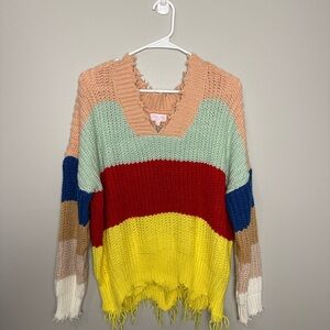 Pink Lily Colorful Striped Distressed V-Neck Sweater